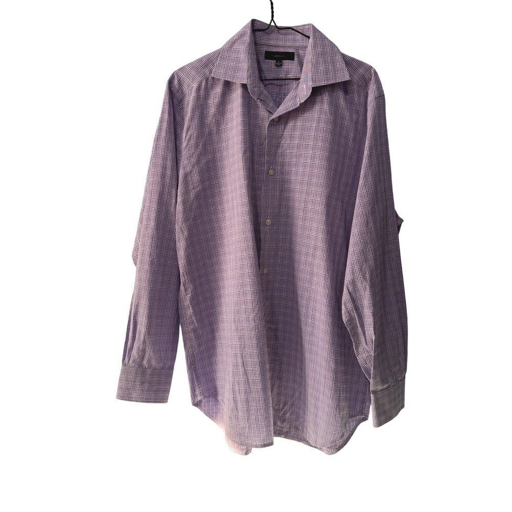 Saks Fifth Avenue Mens Purple White Plaid Button Down Shirt 100% Cotton Large